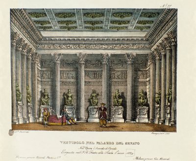 El vestíbulo del Palacio del Senado (Acto I) Escenografía para la representación en el Teatro alla Scala en Milán en 1829 de la ópera “El asedio de Corinto” de Gioacchino Rossini (1826) de Alessandro Sanquirico