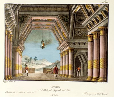 Vista de una gran sala de palacio. Escenografía para el ballet “Los españoles en Perú” del coreógrafo italiano Giovanni Galzerani (1780-1865) (1828). Litografía en “Raccolta di invenzioni sceniche del 1830 di Alessandro Sanquirico (1777-1849)”. Milán de Alessandro Sanquirico