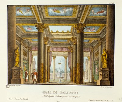 Vista de la Casa de Salustio (Saluste) Escenografía para la representación de “El Último Día de Pompeya” de Giovanni Pacini. Litografía en “Raccolta di invenzioni sceniche del 1830 di Alessandro Sanquirico (1777-1849)”. Milán de Alessandro Sanquirico
