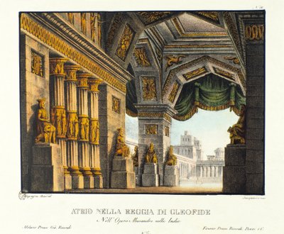 Vista de la entrada al Palacio Real de Cleofide, amante del Rey Poros derrotado por Alejandro Magno Escenografía para la ópera 