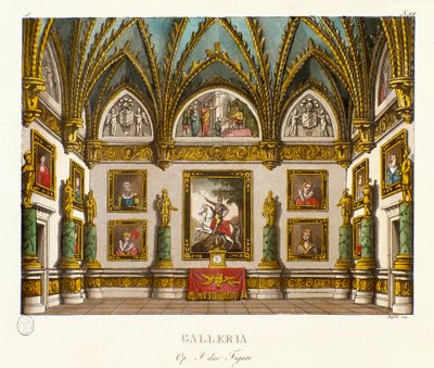 Vista de la galería decorada con pinturas. Escenografía para la ópera "I due figaro" de Giuseppe Saverio Raffaele Mercadante (1795-1870), basada en la obra "Los dos fígaros o el Sujeto de comedia" (1794) de Honoré François Richaud de Alessandro Sanquirico