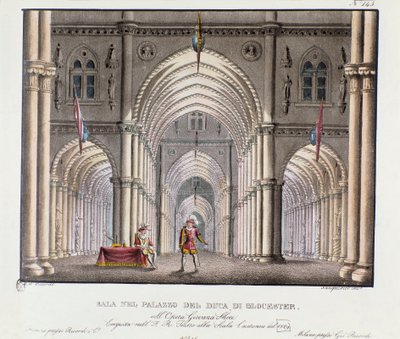 Vista del salón del palacio del Duque de Gloucester Escenografía para la ópera 