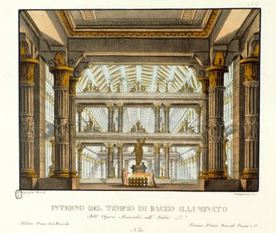 Vista del interior del templo de Baco iluminado Escenografía para la ópera 