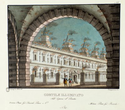 Vista del gran patio iluminado. Escenografía para la representación de la ópera Il pirata (El Pirata) (1827) de Vincenzo Bellini. Litografía en 