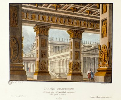 Vista del palacio donde se llevan a cabo las audiencias públicas Escenografía para la tragedia lírica “Didone” (1783) del compositor Niccolo Vito Piccinni basada en la ópera de Metastasio de Alessandro Sanquirico