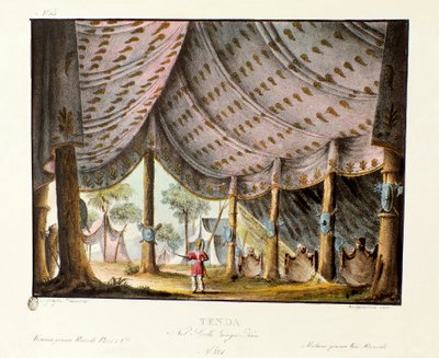 Vista de la tienda real de Genghis Khan. Escenografía para el ballet “Genis-Kan” por el coreógrafo italiano Giovanni Galzerani (1780-1865) (1828). Litografía en “Raccolta di invenzioni sceniche del 1830 de Alessandro Sanquirico (1777-1849)”. de Alessandro Sanquirico