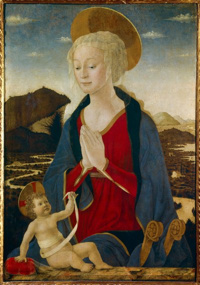 La Virgen tiene al Niño. Ambos llevan aureolas doradas. Pintura sobre madera de Alessio Baldovinetti (1425-1499) Sol del siglo XV. 1,06x0,75 m de Alessio Baldovinetti