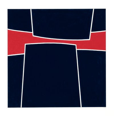 Azul a presión sobre rojo, 2023 (esmalte sobre cartulina) de Alex Dunn