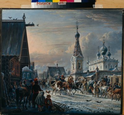 Trineos de correo rusos (troika) circulando en una calle en invierno y saludando a los habitantes en su camino (Calle con coches de correo) - Pintura de Alexander Osipovich Orlowski (1777-1832) de Alexander Orlowski