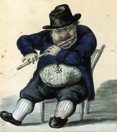 Retrato caricaturesco del arquitecto Giacomo Quarenghi (1744-1817). (Retrato caricaturesco del Arquitecto G. Quarenghi). Arquitecto principal de San Petersburgo, se le representa con sus prismáticos, sentado, tocando la flauta, con una medalla de honor. de Alexander Orlowski