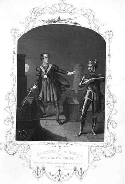 Mr Macready como Hamlet y Mr Stuart como El Fantasma, Acto I Escena 5, en Hamlet por William Shakespeare (1564-1616) grabado por George Hollis (1792-1842) (grabado) de Alexander (after) Reid