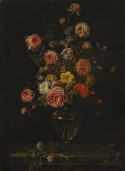 Naturaleza muerta con rosas rojas, blancas y rosas en un jarrón de cristal sobre una repisa de piedra con mariposas, un saltamontes y un escarabajo. de Alexander Adriaenssen