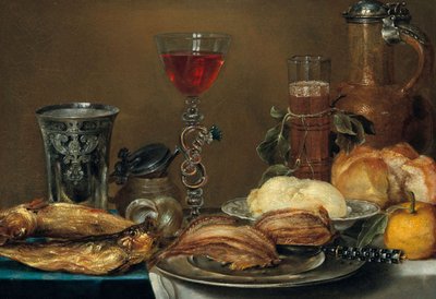 Bodegón de desayuno con pescado, pan, mantequilla y un limón delante de un aguamanil, copas y un vaso de plata de Alexander Adriaenssen