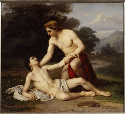 Apolo y Jacinto. El dios griego se inclina sobre el joven, herido en la sien durante el entrenamiento de disco. Pintura de Alexander Alexeyevich Kiselev (1855 - después de 1918), óleo sobre lienzo de Alexander Alexeyevich Kiselev