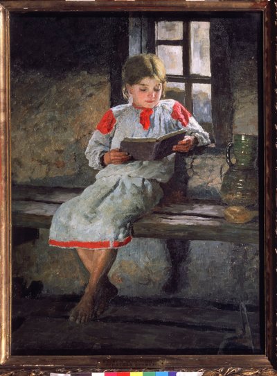 Una lectura maravillosa. Una niña sentada junto a la ventana, absorta en la historia de su libro. Pintura de Alexander Alexeyevich Kiselev (1855 - después de 1918), óleo sobre lienzo, ca. 1890. Arte ruso del siglo XIX. Estado Tretyakov Ga de Alexander Alexeyevich Kiselev
