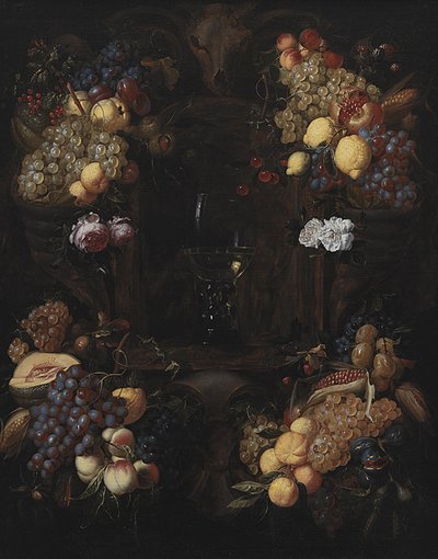 Cartucho con guirnaldas de frutas y una copa de vino de Alexander Coosemans