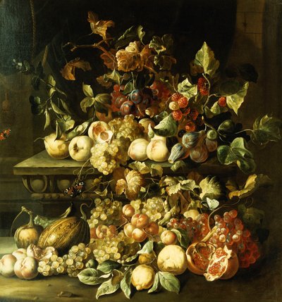 Uvas, higos, frambuesas y otras frutas en un borde de piedra de Alexander Coosemans