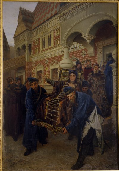 Boyarin Morozova. (Boyarynya Morozova). Feodosia Prokofiyevna Morozova (1632-1675), una ferviente seguidora del rito de los Viejos Creyentes, tomó los votos monásticos bajo el nombre de Teodora. Ella es descrita durante su detención por los partidarios de  de Alexander Dimitrievitch Litovtchenko