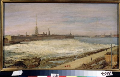Deriva de hielo en el río Neva en San Petersburgo (Ice Drifting in St Petersburg). Al fondo, la catedral de San Pedro y San Pablo y la fortaleza. Pintura de Alexander Dmitrievich Litovchenko (Litovchenko) (1835-1890), óleo sobre lienzo de Alexander Dimitrievitch Litovtchenko