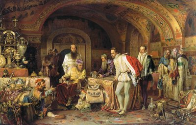 Iván IV de Rusia muestra sus tesoros al embajador de la reina Isabel I de Inglaterra, 1875 de Alexander Dmitrievich Litovchenko