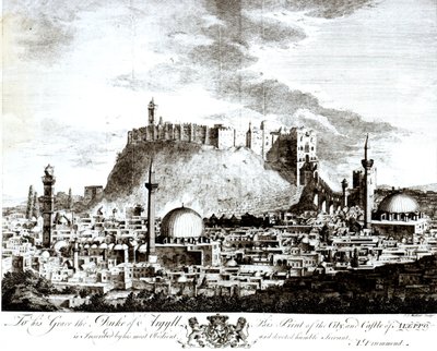 Una vista de la ciudad y el castillo de Alepo, Siria, 1754 de Alexander Drummond