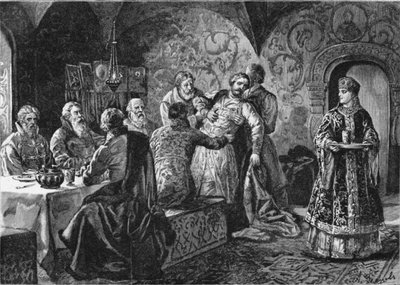 Príncipe Mikhail Vasiliyevich Skopin-Shuisky en el banquete del Conde Vorotynsky de Alexander Efimovich Zemtsov