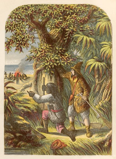 Robinson Crusoe y Viernes atacando a los salvajes de Alexander Francis Lydon