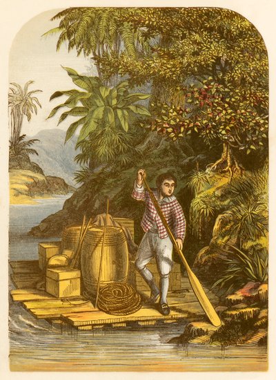 Robinson Crusoe salva muchos artículos útiles del barco con una balsa de Alexander Francis Lydon