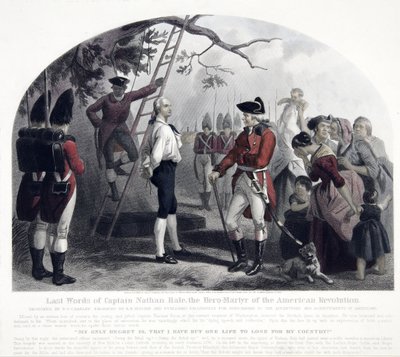 Últimas palabras del Capitán Nathan Hale, pub. 1858 (grabado coloreado a mano) de Alexander Hay Ritchie