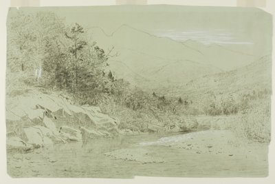 Corriente de río con montañas a lo lejos de Alexander Helwig Wyant