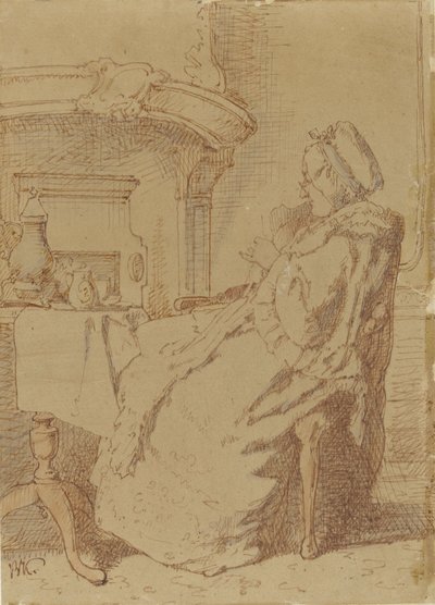 Anciana sentada, tejiendo en una mesa de Alexander Hugo Bakker Korff