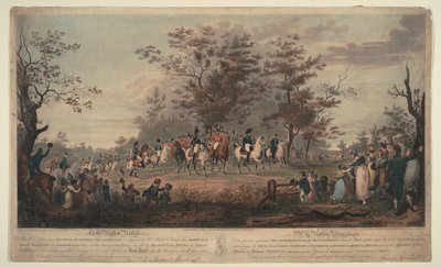 Príncipe Regente, Guillermo III de Prusia, Alejandro I, General Blücher y Hetman Platov revisan tropas de Alexander Ivanovich Sauerweid