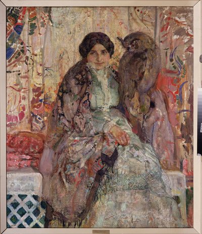 Mujer con un búho de cuernos grandes. Pintura de Alexander Ivanovich Savinov (1881-1942), óleo sobre lienzo de Alexander Ivanovich Savinov