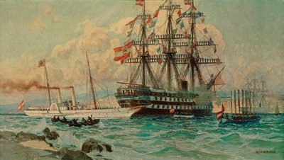El yate austriaco Fantasie y el transatlántico Kaiser ... (pintura sobre lienzo) de Alexander Kirchner