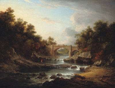 Vista en el Río Almond, cerca de Edimburgo, con el Puente Almondell y un pescador de Alexander Nasmyth
