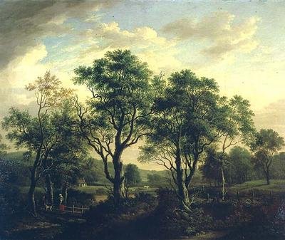 Paisaje fluvial arbolado con figuras y ganado de Alexander Nasmyth