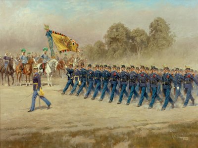 Regimiento de Infantería K. u. k. Hoch- und Deutschmeister Nr. 4 desfilando frente al Archiduque Eugenio de Alexander Pock