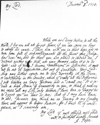 Carta de Alexander Pope a Lord Halifax pidiéndole que no olvide su traducción de Homero, que le había dado a Lord Halifax antes de la publicación y también agradeciéndole por favores y generosidad de Alexander Pope