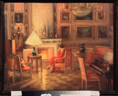 Interieur avec une femme pres de la cheminee (Interior con una mujer junto a la chimenea) - Oeuvre de Alexander Sredin (Sredine) (1872-1934), huile sur carton de Alexander Sredin