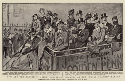 ¿Cómo van las elecciones? Transeúntes mirando la Escalera del Daily Graphic de Alexander Stuart Boyd