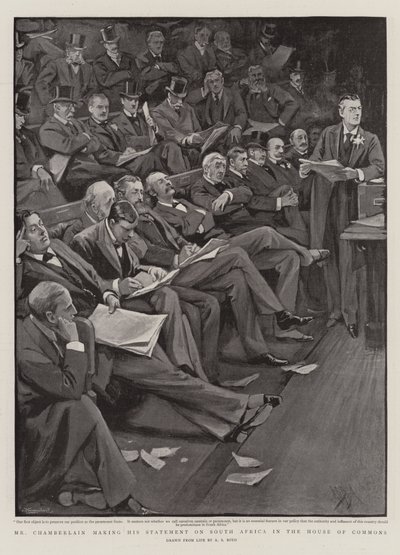 El Sr. Chamberlain haciendo su declaración sobre Sudáfrica en la Cámara de los Comunes de Alexander Stuart Boyd