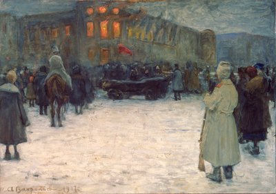 Incendio en el castillo lituano, revolución de febrero de 1917, San Petersburgo - Obra de Alexander Ivanovich Vakhrameyev (1874-1926), gouache sobre papel de Alexander Vakhrameyev