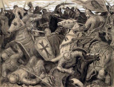 "Alexander Nevsky" Escena de batalla en la época de Alexander Nevsky (1220-1263), duque de Nóvgorod - Pastel de Alexander Viktorovich Moravov (1878-1951) Dim 33x43,5 cm Colección particular de Alexander Viktorovich Moravov
