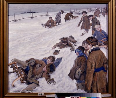 Deportes de invierno. Escena de trineo, en un campo nevado, los niños abrigados se divierten y ríen a carcajadas. Pintura de Alexander Viktorovich (Alexander Victor) Moravov (1878-1951), óleo sobre lienzo de Alexander Viktorovich Moravov