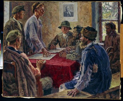 Una sesión del Comité de Campesinos Pobres en 1918. Pintura de Alexander Viktorovich Moravov (Alexander Victor) (1878-1951), óleo sobre lienzo de Alexander Viktorovich Moravov