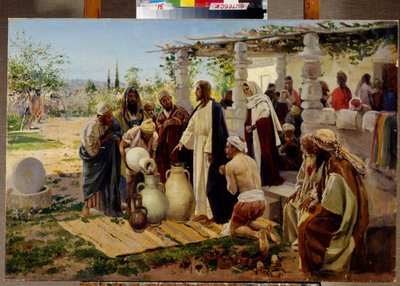 El milagro de la transformación del agua en vino en Caná (Israel). (Jesús ordena a los criados que llenen tinajas con agua del pozo y hace un primer milagro en las bodas donde faltaba el vino). Pintura de Vladimir Yegorovich Makovsky (Makovsky, Makov de Alexander Vladimirovich Makovsky