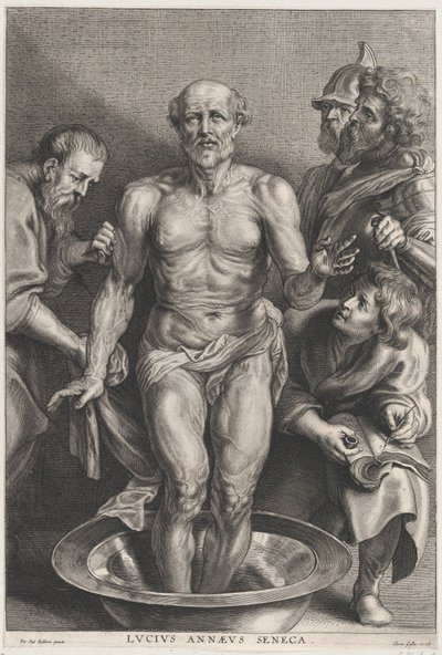 La muerte de Séneca, de pie en el centro con los pies en una palangana de agua, apoyado..., ca. 1655-78 de Alexander Voet