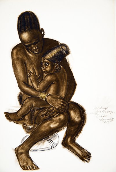 Nafarangui, mujer de Eki Bondo con su hijo (Bondo) Haut Ouelle, de Dibujos y Pinturas de África, ejecutados durante la expedición Citroën Centro África, segunda misión Haardt Audouin-Dubreuil de Alexander Yakovlev