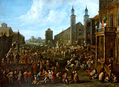 Una escena de mercado con artistas callejeros y otras figuras de Alexander van Bredael