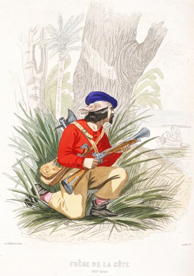 Un pirata se prepara para una emboscada, mediados del siglo XIX (grabado coloreado) de Alexandre (after) Debelle